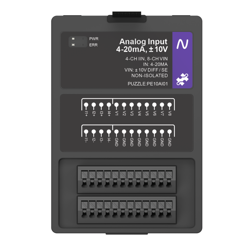 Analog Input: 4-20 mA, ±10 V, top view