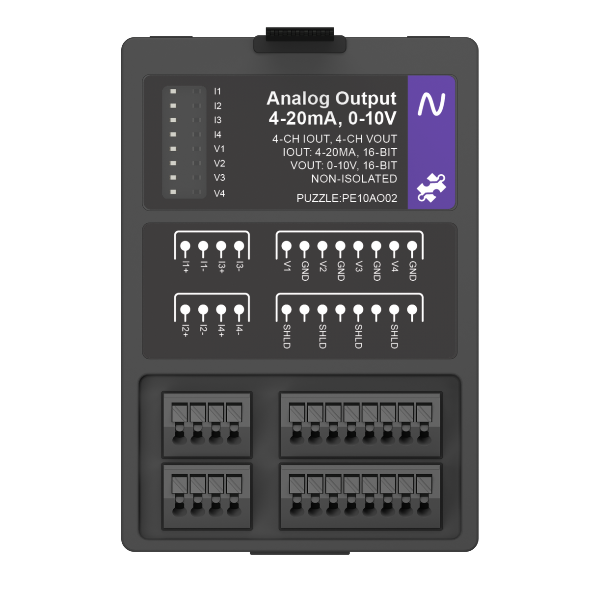 Analog Output: 4-20 mA, 0-10 V, top view